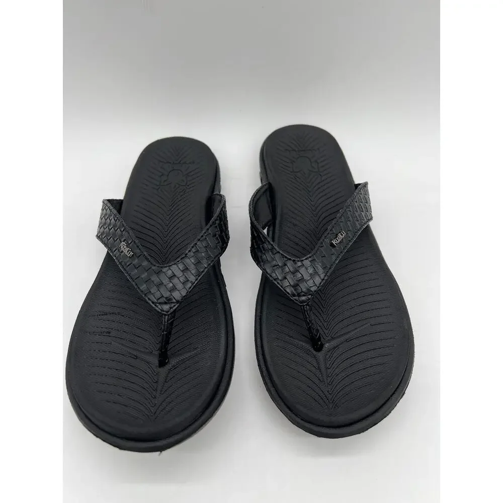 KuaiLu Flip Flops Sandals Mens 11 Black Leather Sport Orthotic Thong Support
